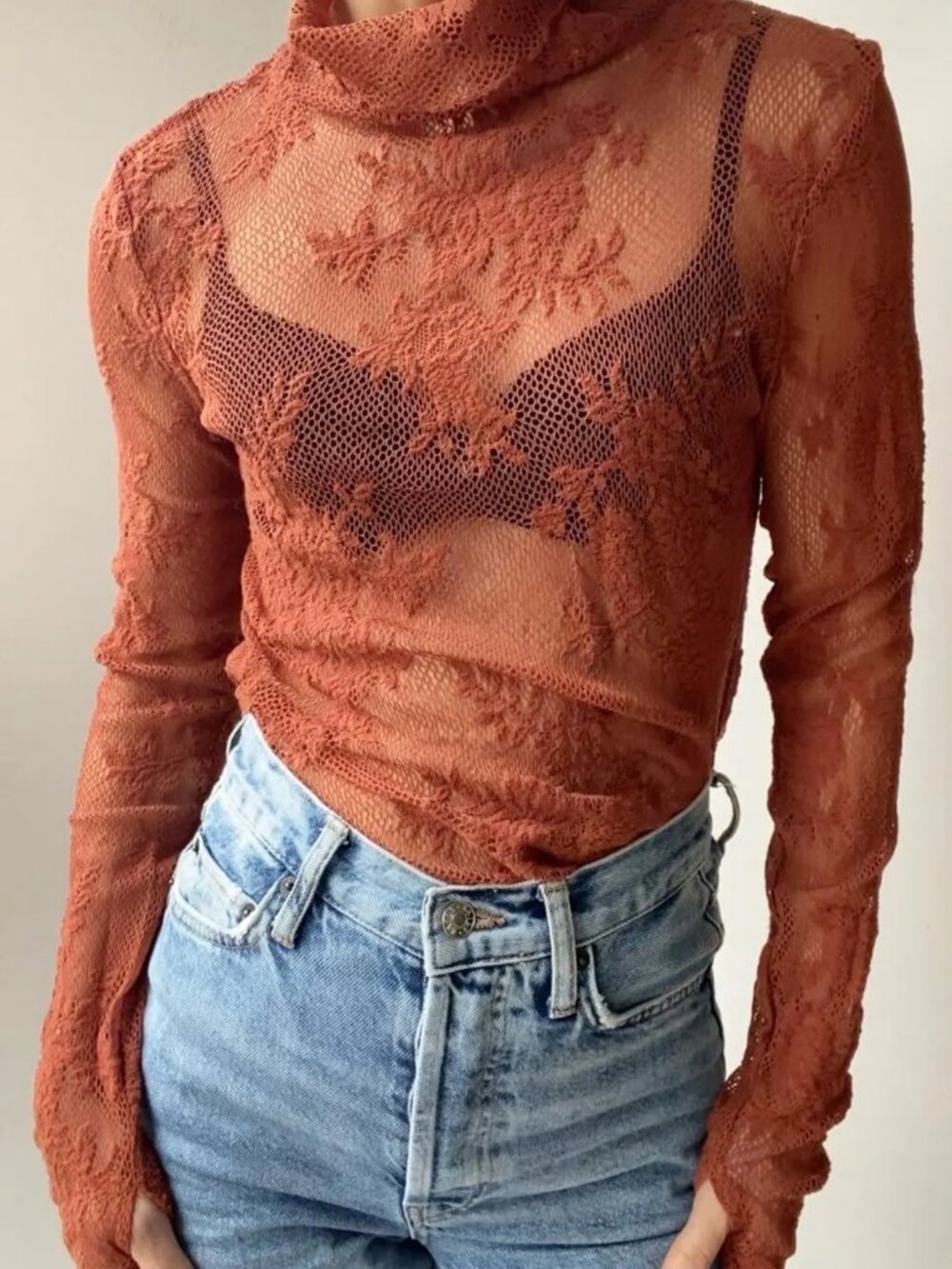 Brown Free People Long Sleeve Top- Laced textured fabric- Size small